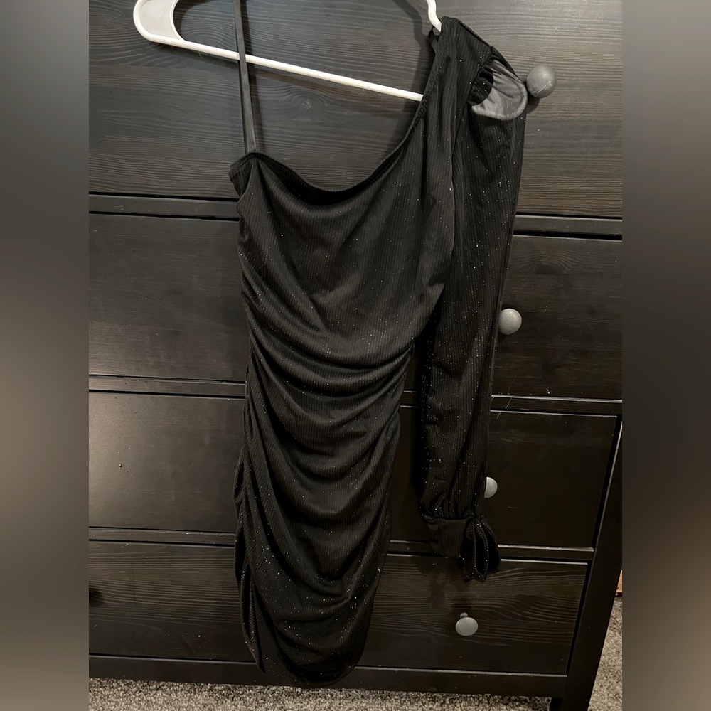 Deb Black Sparkly Ruched One Shoulder Dress S